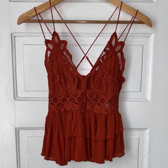 FREE PEOPLE ADELLA TIERED RUFFLE AND LACE CAMI TOP - Picture 2 of 12